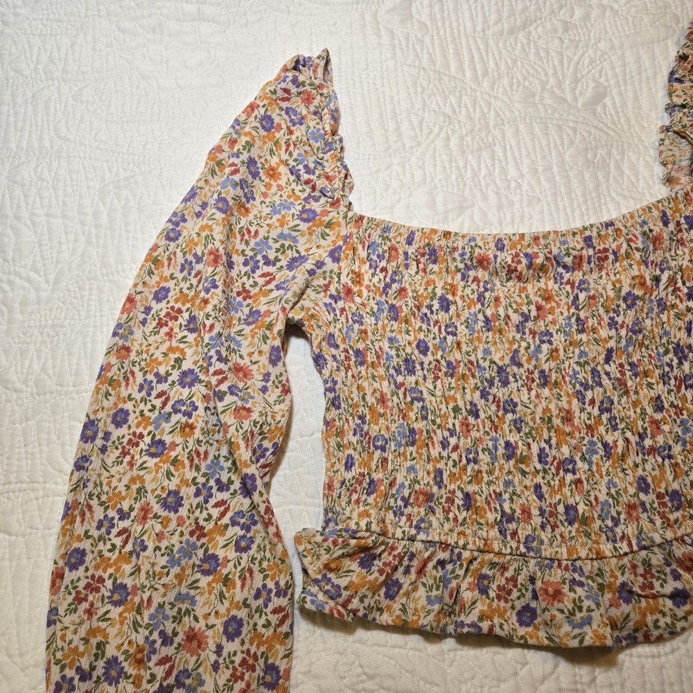 Bohme Smocked Crop Top Long Puff Sleeve Floral Pink Lavender Ivory Ruffle Large - Picture 8 of 14